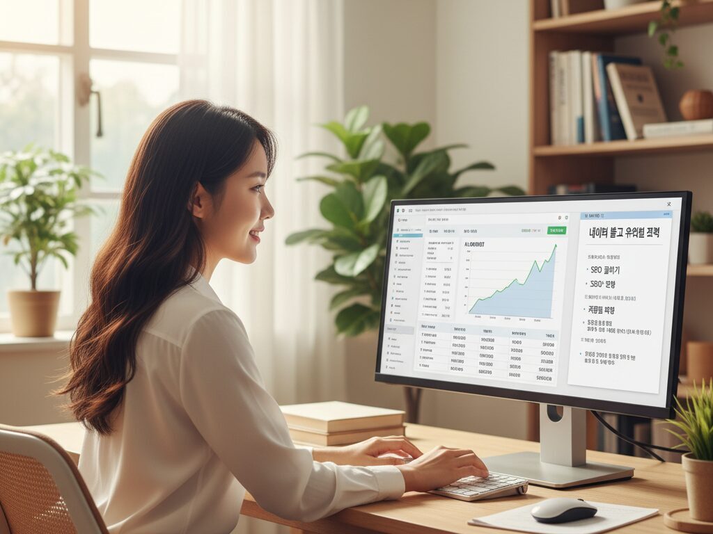 한국인 블로그 전문가가 자신의 실제 블로그 성공 데이터를 분석하며 네이버 블로그 수익화 방법과 저품질 예방 노하우를 체계적으로 정리하여 콘텐츠를 만드는 모습.