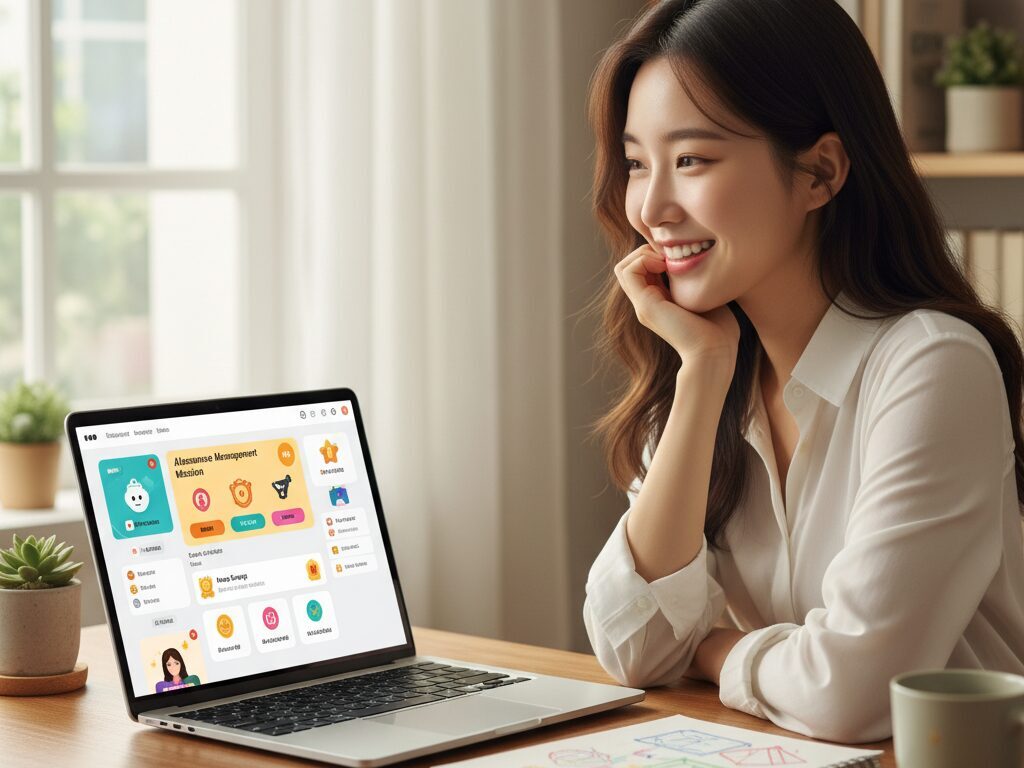 한국인 앱 개발자가 홈오피스에서 노코드 툴(버블)을 이용해 초등학생을 위한 게임처럼 재미있는 금융 교육 앱 UI/UX를 디자인하는 모습.