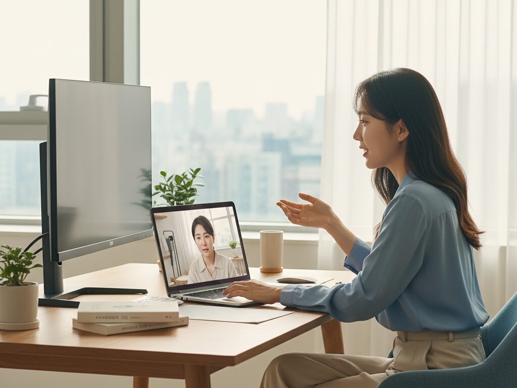 한 N잡 창업가가 홈 오피스에서 노트북으로 자녀의 스마트폰 문제를 고민하는 다른 부모에게 온라인 화상 컨설팅을 제공하는 모습.