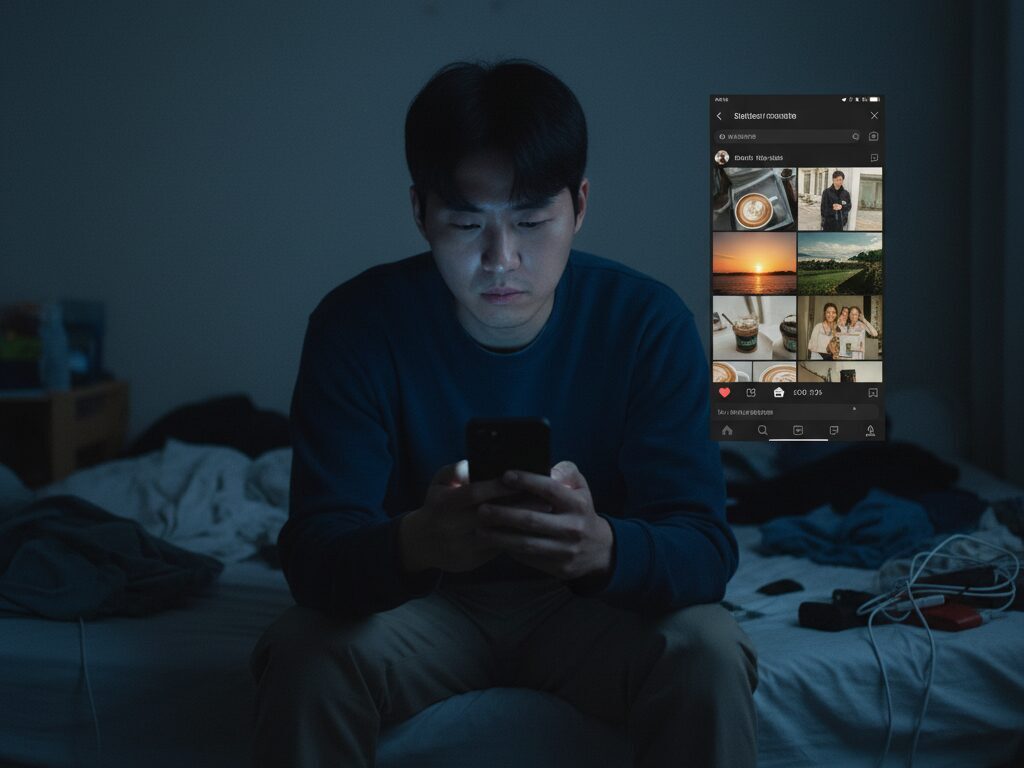 평범한 스마트폰 사진을 보며 레트로 감성을 표현하고 싶어 고민하는 20대의 모습.