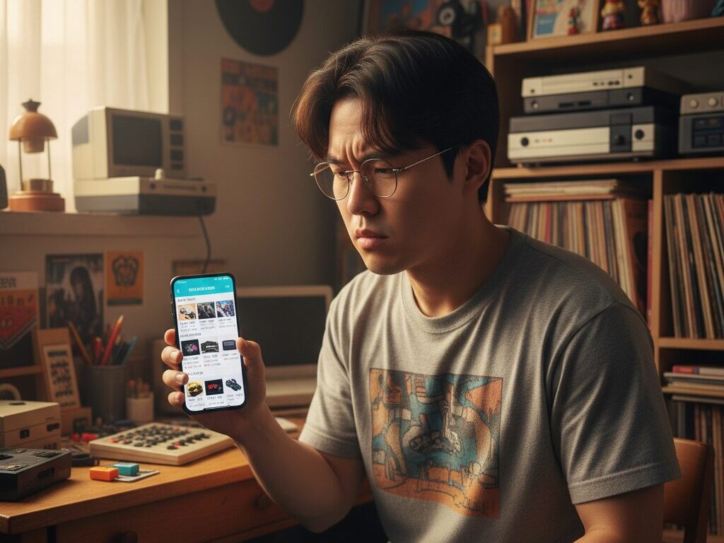 중고 거래 앱에서 레트로 상품의 가치와 판매자를 신뢰할 수 없어 답답해하는 구매자