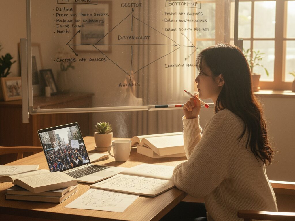 여성 문화 해설가가 서재에서 해외 뉴스를 분석하며 탑다운과 바텀업 조직문화에 대해 정리하고 있다.