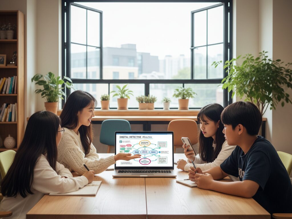 10대 학생들과 함께 토론식으로 미디어 리터러시 교육을 진행하는 전문 컨설턴트