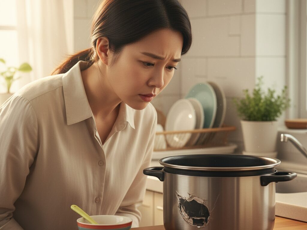 밥솥 내솥의 긁힌 코팅을 발견하고 가족의 건강을 걱정하며 불안해하는 한국인 엄마의 모습.