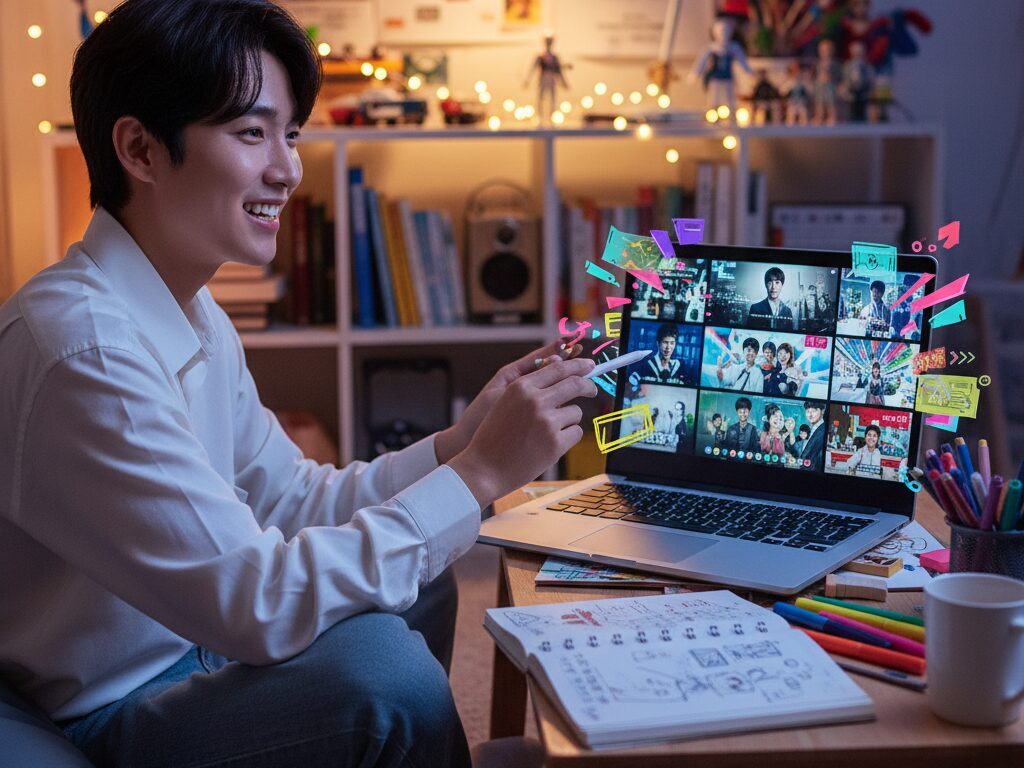 한 N잡 창업가가 자택에서 방송 콘텐츠를 분석하며 팬들을 위한 SNS 마케팅 아이디어를 기획하고 있다.