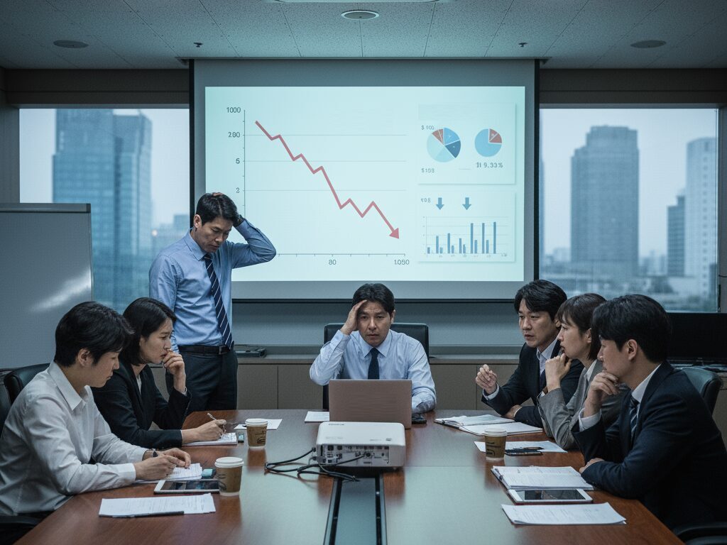 시청률 하락과 디지털 전환 문제로 방송사 회의실에서 고심하는 직원들의 모습.