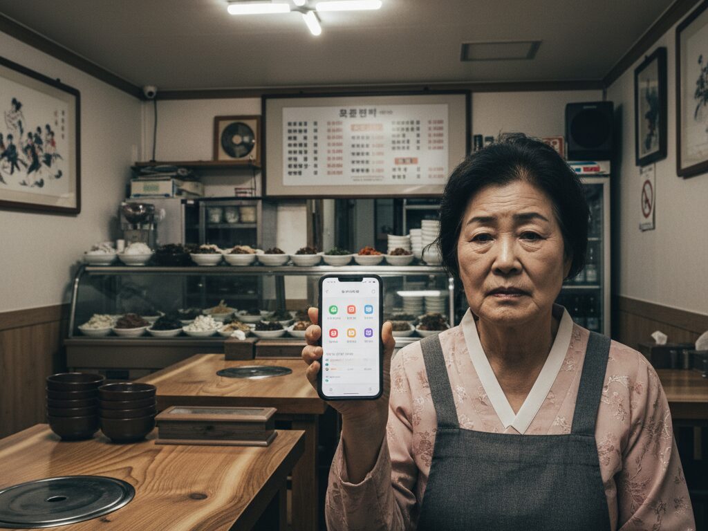 한 동네 식당의 사장님이 텅 빈 가게 안에서 스마트폰 배달앱을 보며 사용법이 어려워 한숨을 쉬고 있는 모습.
