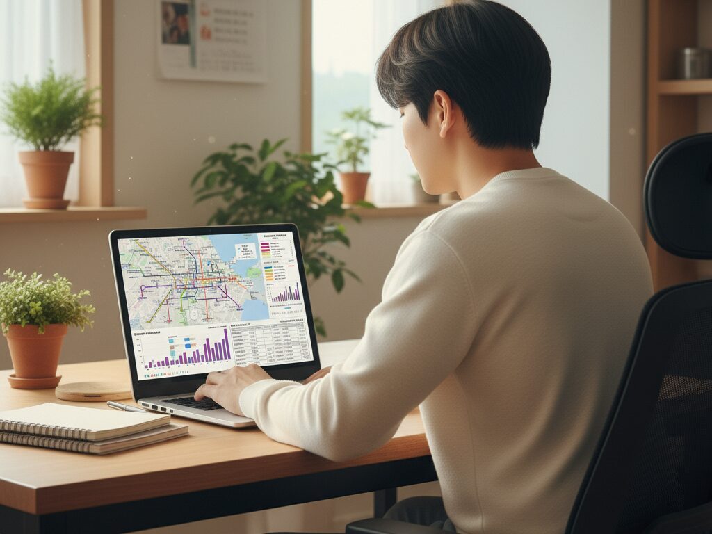 홈 오피스에서 노트북으로 청량리 부동산 관련 교통망 데이터와 시세 그래프를 집중하여 분석하고 있는 콘텐츠 크리에이터.