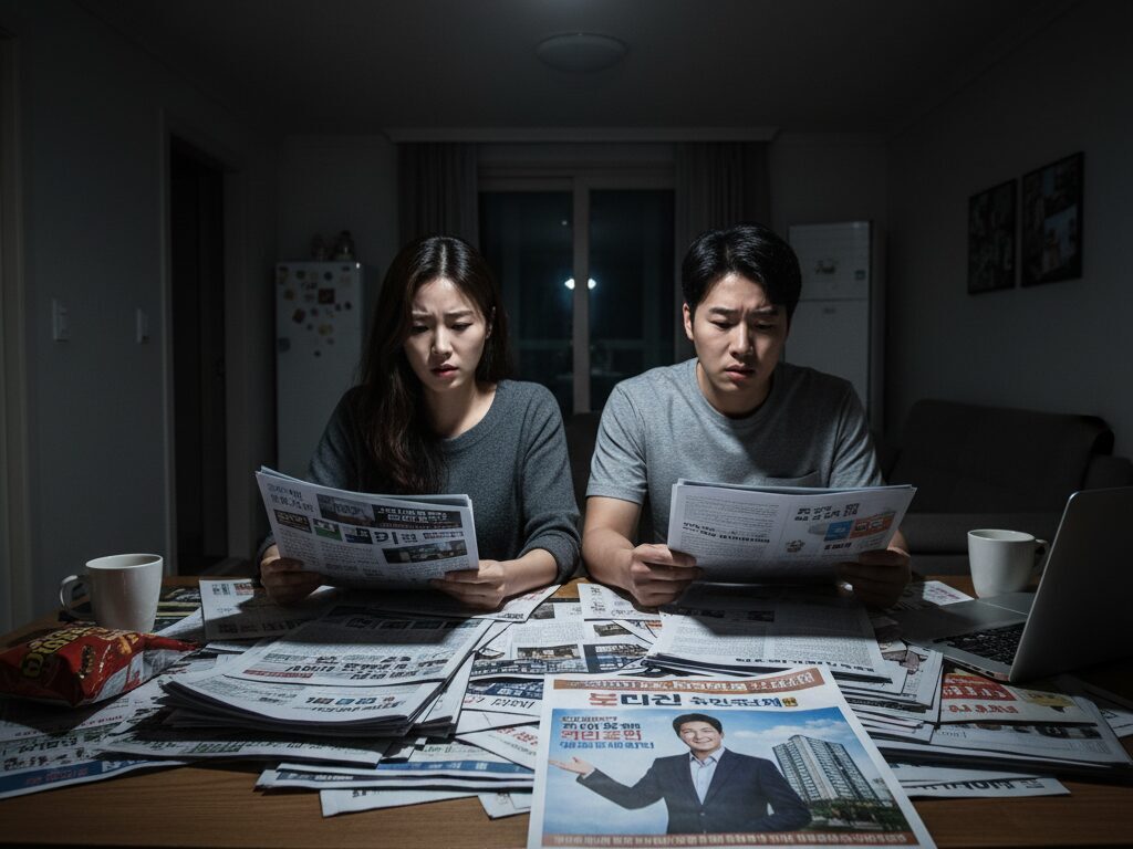 수많은 부동산 광고 전단지 앞에서 어떤 정보를 믿어야 할지 몰라 혼란스러워하는 젊은 한국인 부부의 모습.