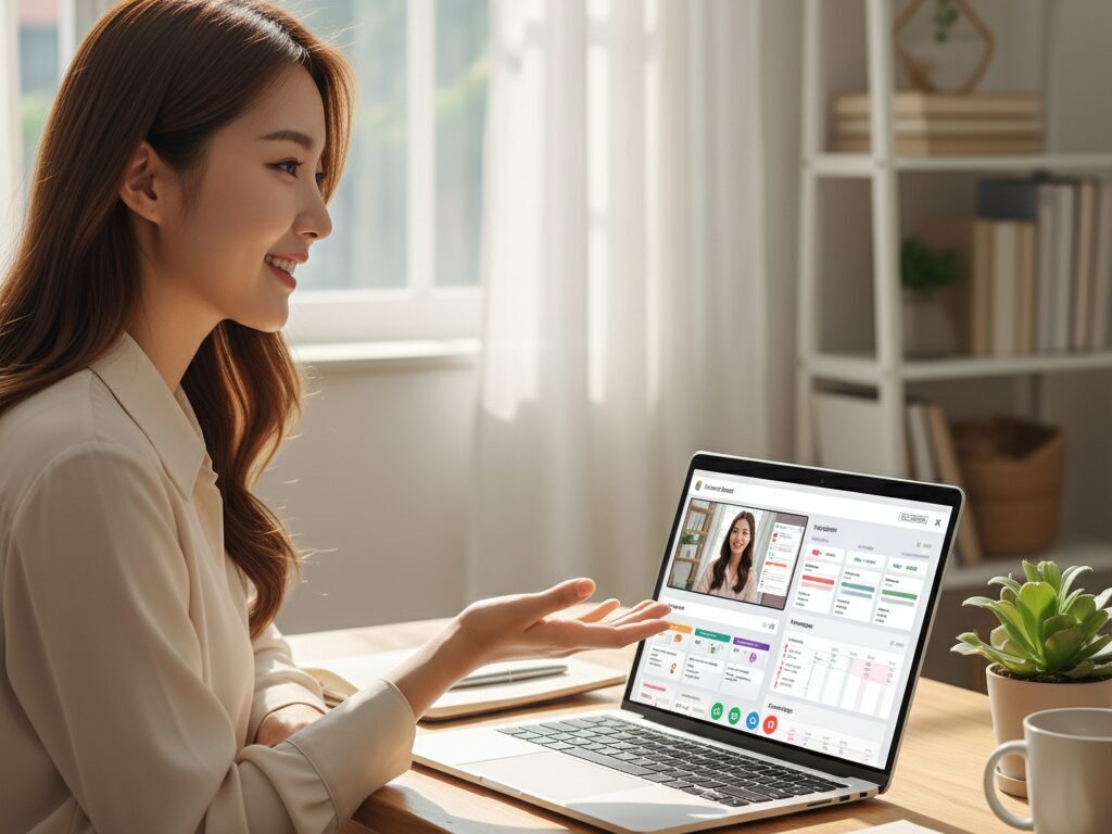 한국인 N잡러가 화상회의를 통해 고객에게 자동화된 업무 관리 시스템을 설명하며 문제를 해결해주는 모습.