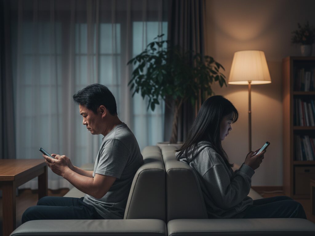 50대 아버지와 20대 딸이 거실 소파 양 끝에 앉아 서로 등지고 스마트폰만 보며 대화가 단절된 답답한 상황.