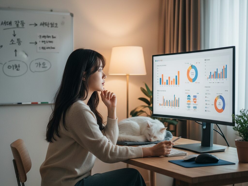 한국인 N잡 전문가가 자신의 홈 오피스에서 세대별 데이터 그래프를 보며 유튜브 교육 채널 콘텐츠를 진지하게 기획하고 있는 모습.