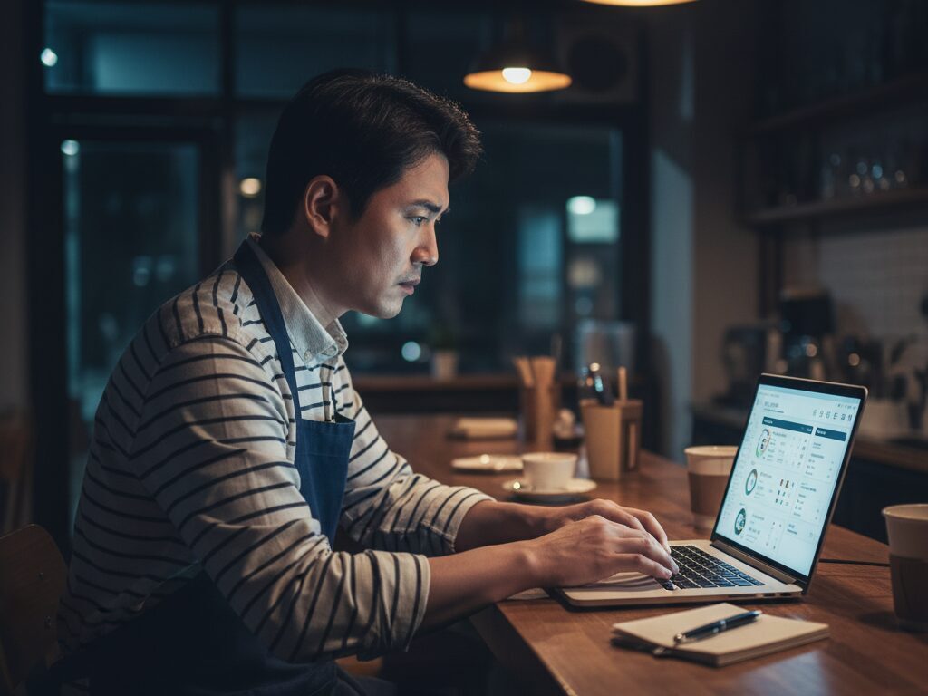 늦은 밤 텅 빈 가게에서 노트북을 보며 MZ세대 손님을 끌기 위한 홍보 방법을 몰라 막막해하는 한국인 소상공인 사장님의 모습.