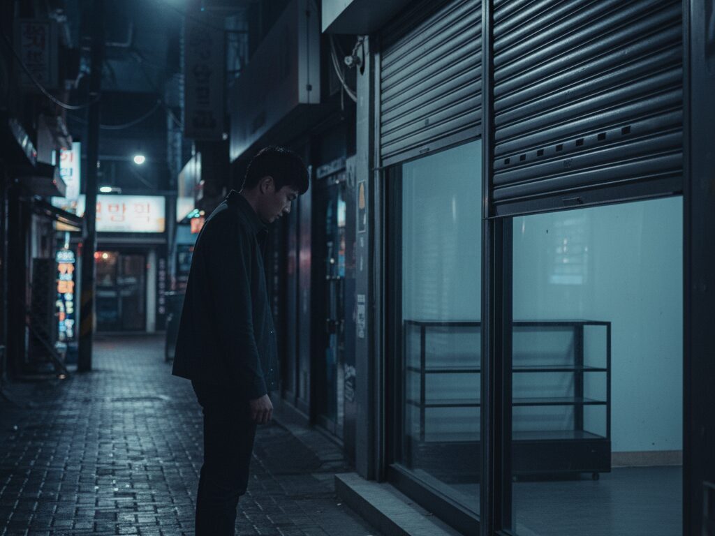 밤이 되자 굳게 닫힌 가게 쇼윈도를 보며 한숨 쉬는 소상공인