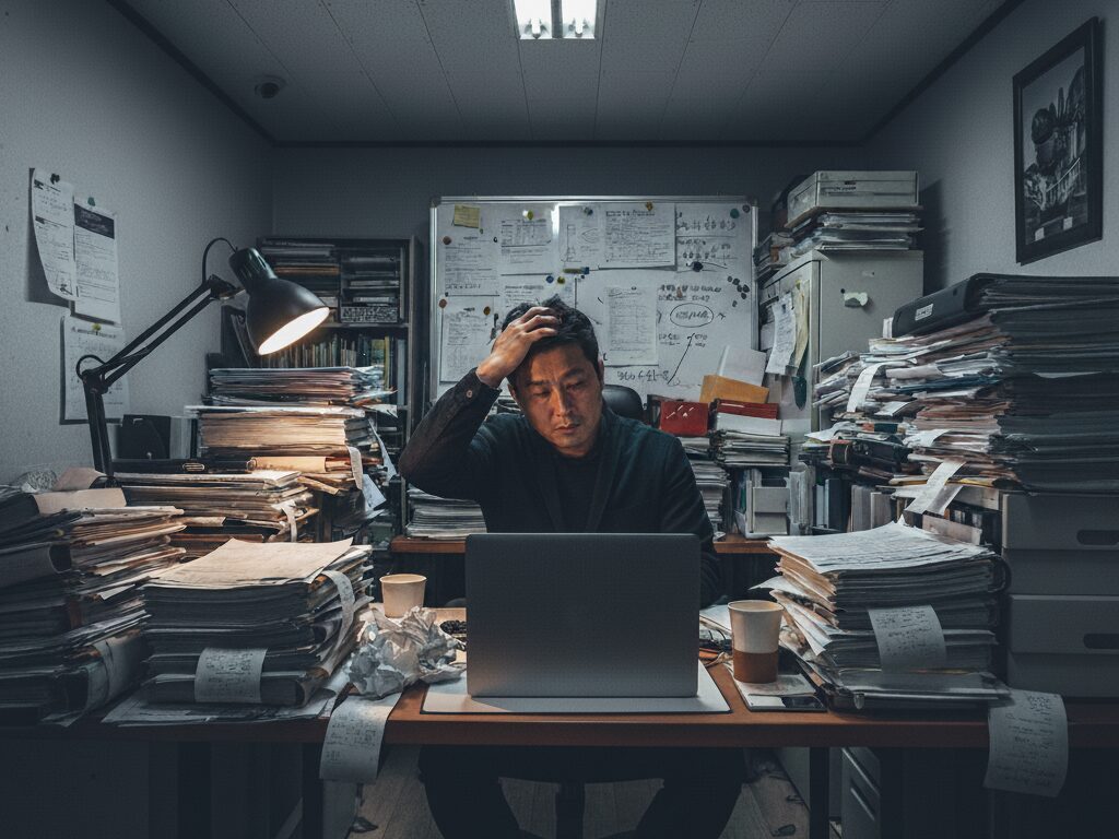 반복적인 서류 업무와 복잡한 엑셀 작업에 지쳐 좌절하고 있는 한국 소상공인의 모습.