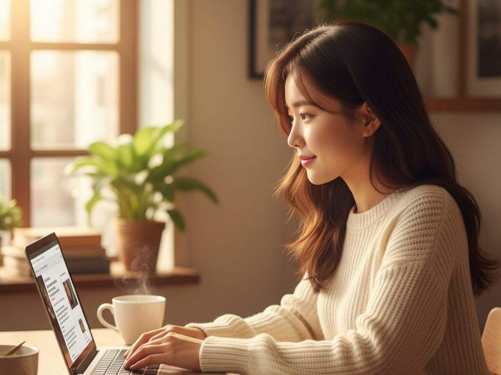 자신의 경험을 바탕으로 노트북에 솔직한 스토리를 담은 블로그 글을 작성하는 여성