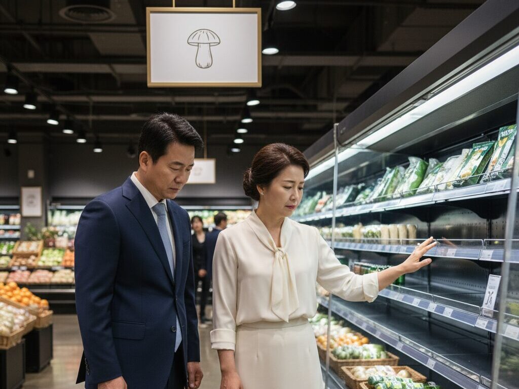 고급 식료품점에서 텅 빈 송이버섯 진열대 앞에서 아쉬워하며 빈손으로 돌아서는 중년의 한국인 부부.