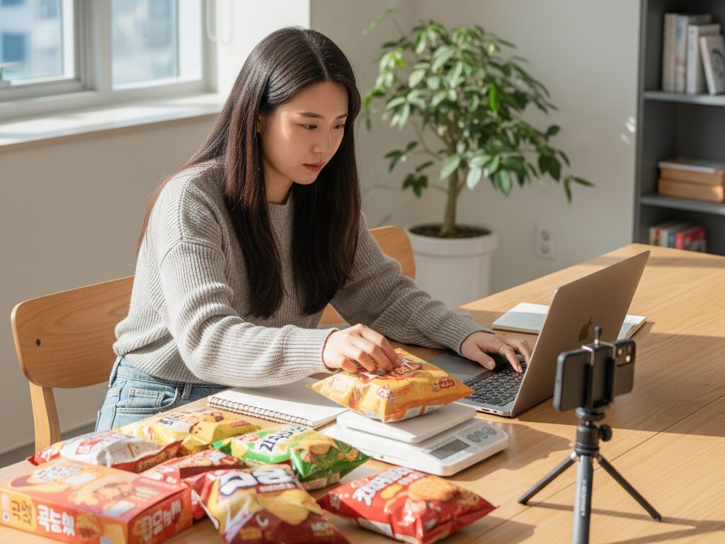한국인 유튜버가 작업실에서 과자, 라면 등의 실제 중량을 측정하고 가성비를 분석하며 슈링크플레이션 감시 콘텐츠를 만드는 모습.