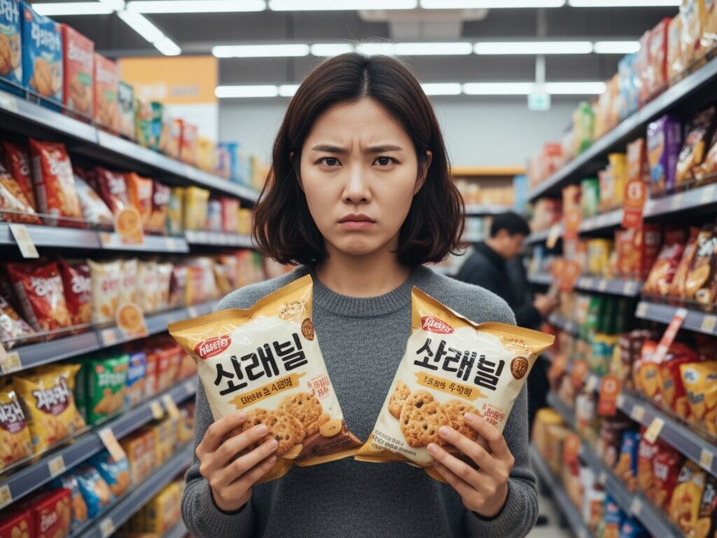 한국 마트에서 과자 양이 줄어든 것을 발견하고(슈링크플레이션) 실망스러운 표정을 짓는 한국인 여성 소비자.