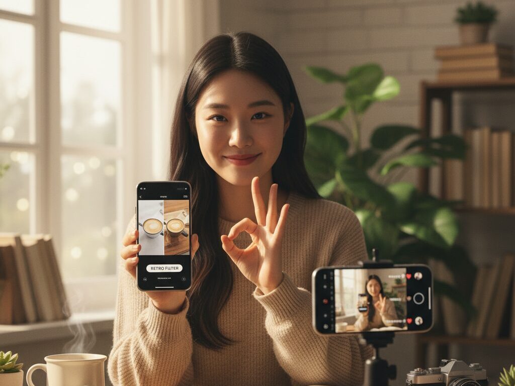 한 여성 크리에이터가 스마트폰으로 레트로 감성 사진 보정법에 대한 교육용 릴스 콘텐츠를 만들고 있다.