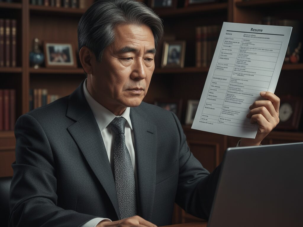 30년 경력에도 불구하고 저임금 비정규직 일자리만 보이는 현실에 실망하고 허탈해하는 한국인 시니어 남성의 모습.