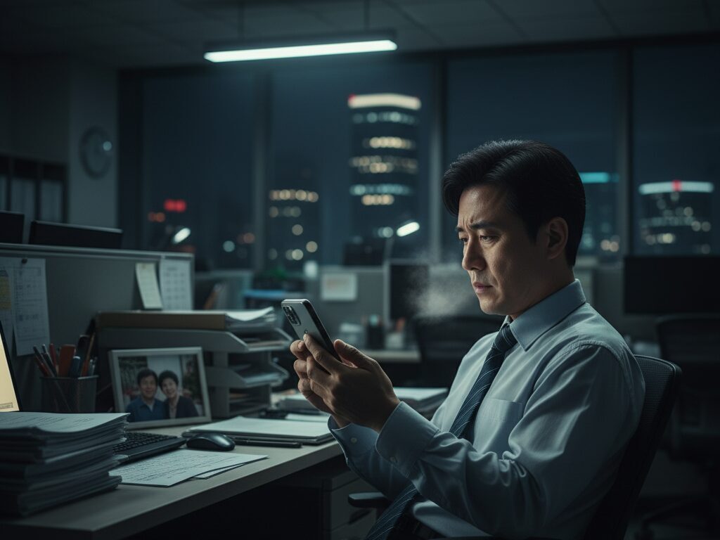 늦은 밤 사무실에서 멀리 사는 부모님 걱정에 스마트폰을 보며 한숨 쉬는 40대 직장인