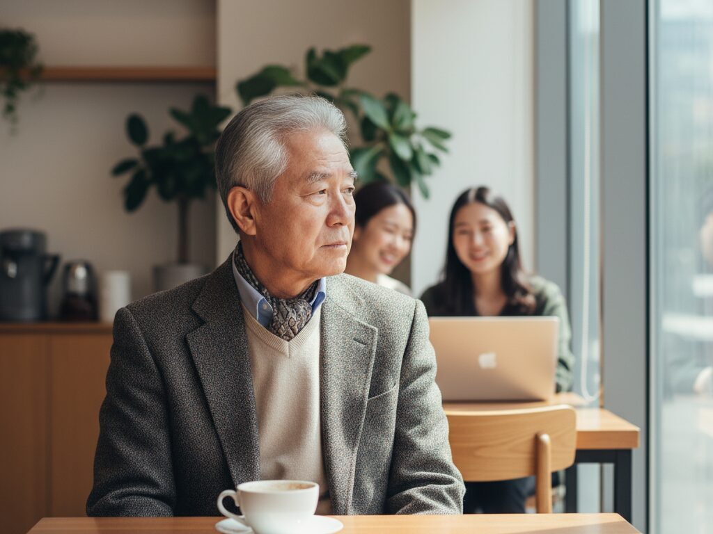 활기찬 바깥 풍경이 보이는 창가 카페에 홀로 앉아있는 한국인 시니어의 모습. 무엇을 해야 할지 몰라 약간은 외로워 보이는 표정이다.
