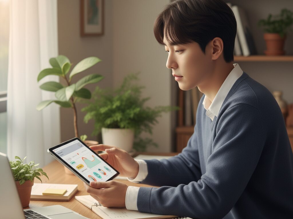 젊은 한국인 N잡 창업가(윤하람 페르소나)가 태블릿을 사용하여 어르신들의 다음 모임을 기획하고 있다. 그의 표정은 시니어들의 니즈를 해결해주려는 열정과 공감이 가득하다.