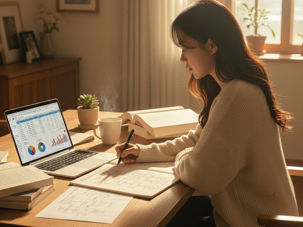 젊은 한국인 여성이 홈 오피스에서 노트북으로 연금 데이터를 분석하며 노트에 시스템을 설계하고 있다.