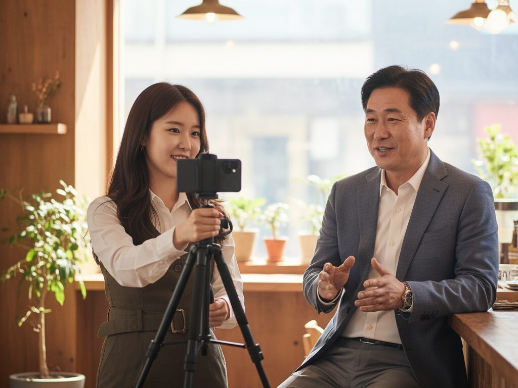 카페 사장님의 이야기를 스마트폰으로 촬영하며 쇼윈도에 상영할 영상 콘텐츠를 제작하는 크리에이터