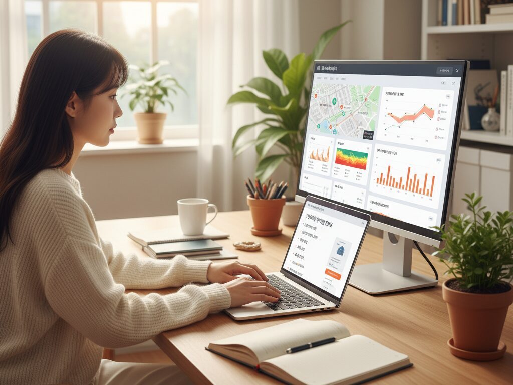한국인 콘텐츠 크리에이터가 홈오피스에서 공공데이터와 AI 분석을 활용하여 1인 여성 N잡러를 위한 워케이션 안전 리포트를 만드는 모습.