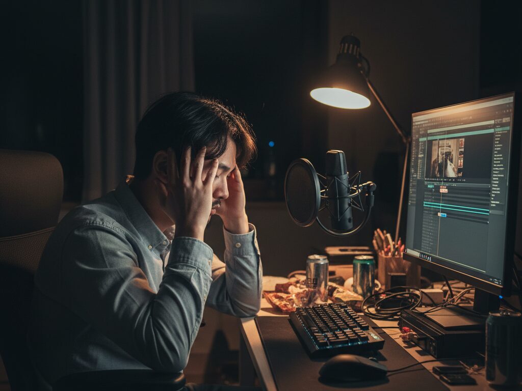 밤늦게 영상 편집 작업에 시달리며 극심한 피로와 번아웃으로 고통받는 한국인 유튜버의 모습.