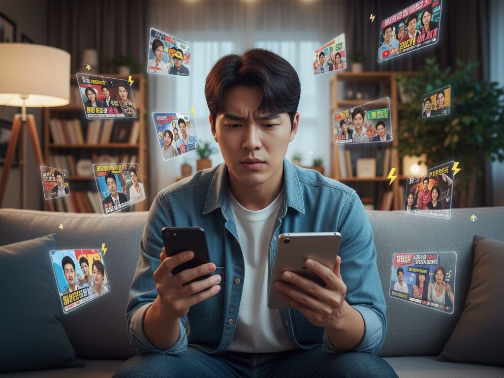 자극적인 유튜브 콘텐츠 홍수 속에서 정보 과부하로 피로감을 느끼는 시청자의 모습.