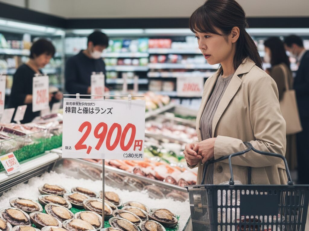 일본의 한 마트에서 너무 비싼 전복 가격을 보고 구매를 망설이는 일본인 고객