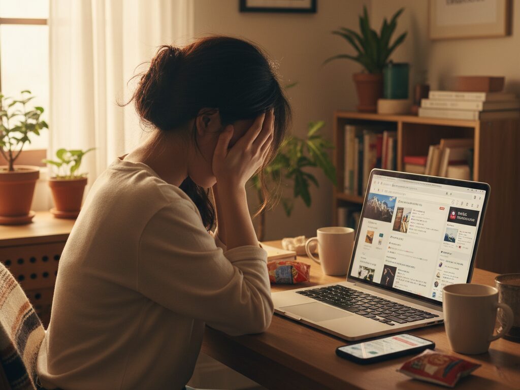 일본 직구 정보를 찾기 위해 수많은 브라우저 탭을 열어두고, 신뢰할 수 있는 정보가 없어 혼란스러워하는 한국인 여성 고객의 모습.