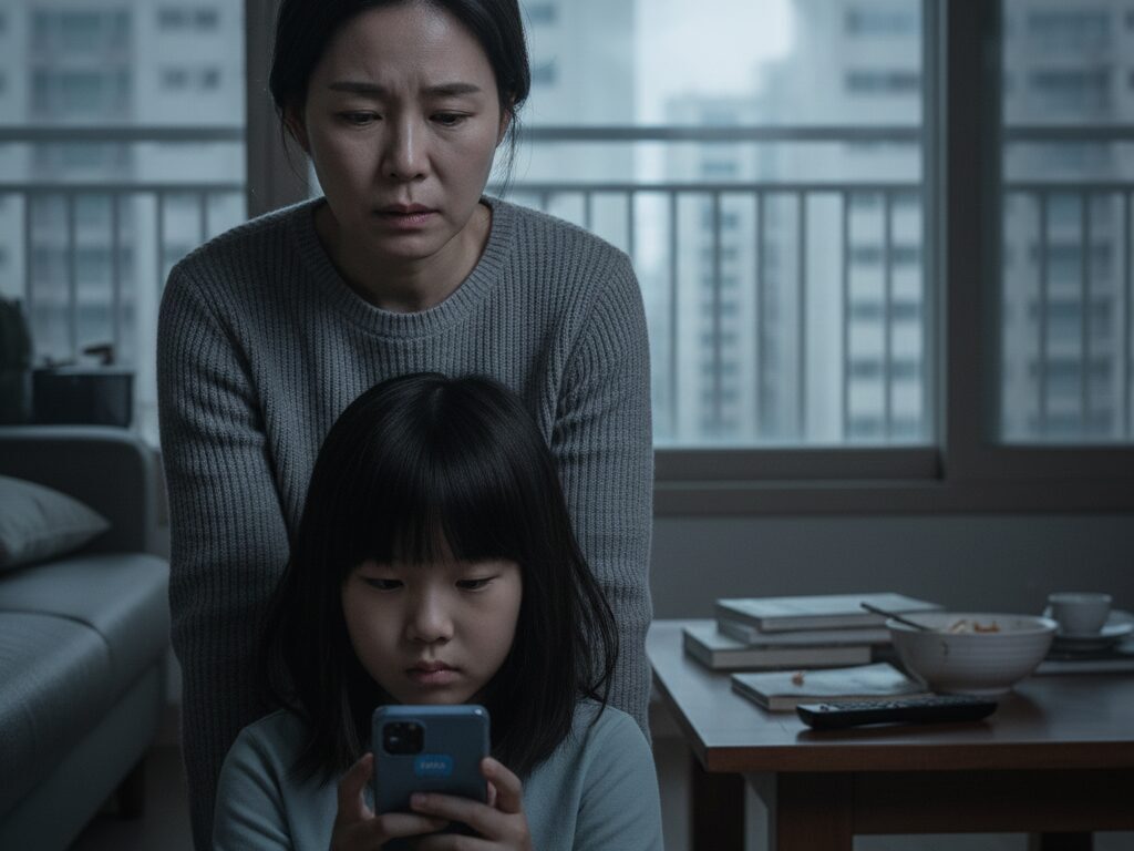 스마트폰 채팅앱에 빠져있는 아이를 거실 소파에서 한 부모가 걱정스러운 표정으로 바라보며 불안해하는 모습.