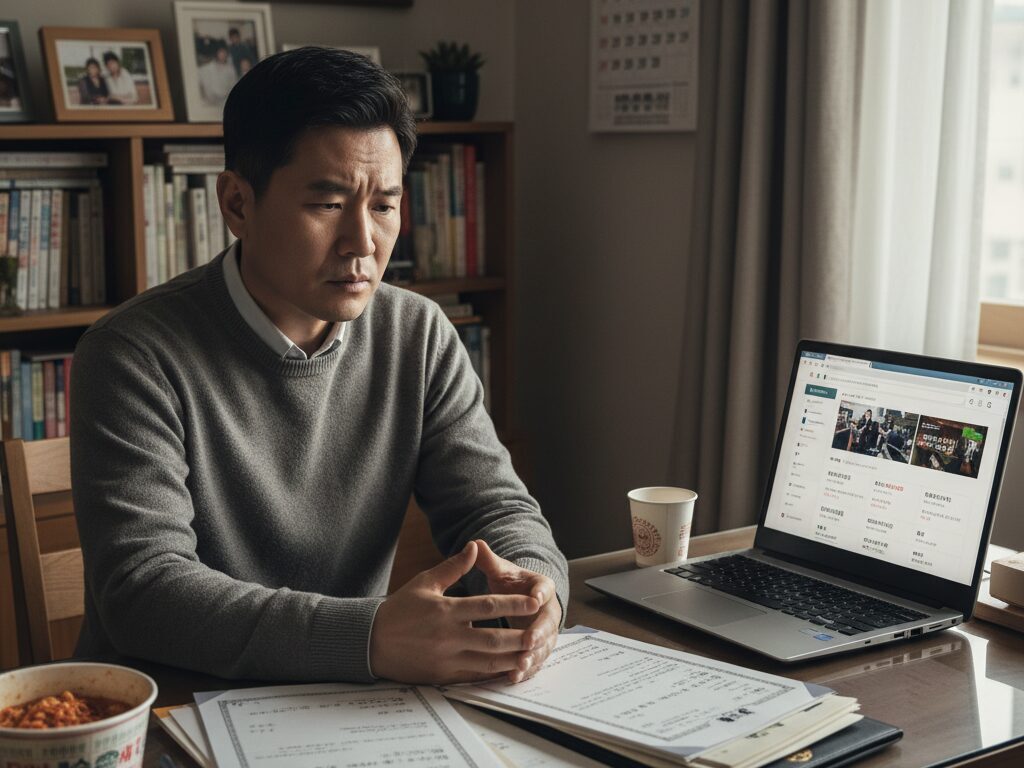 전역 군인 남성이 자신의 군 경력 서류와 민간 기업 채용 공고를 비교하며, 경력 불인정의 현실에 막막해하고 고민하는 모습.