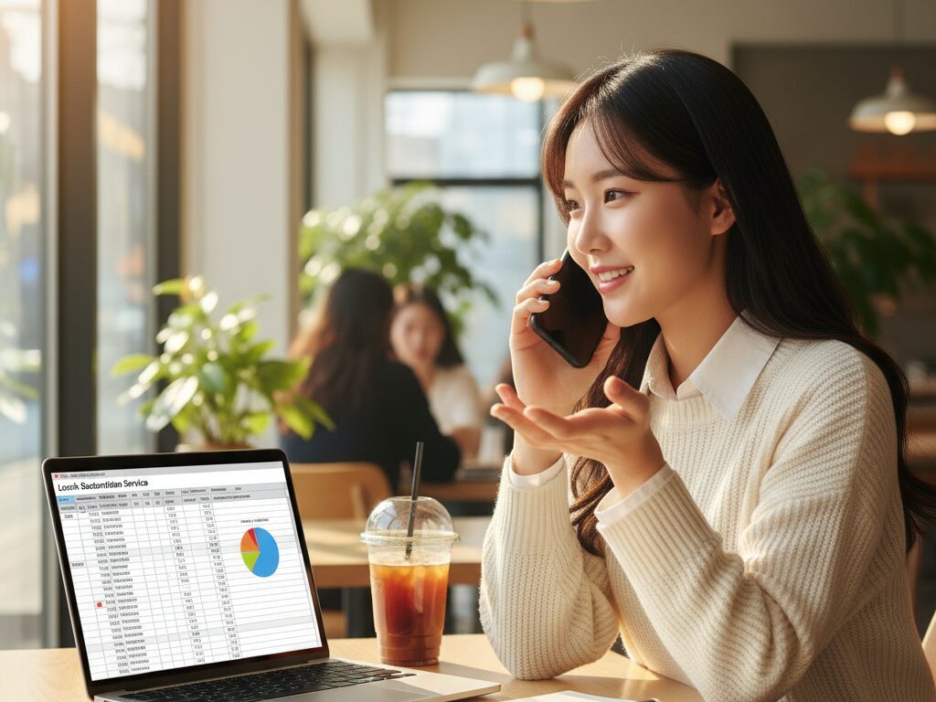 카페에서 노트북과 스마트폰으로 점심 구독 중개 플랫폼을 운영하는 젊은 사업가