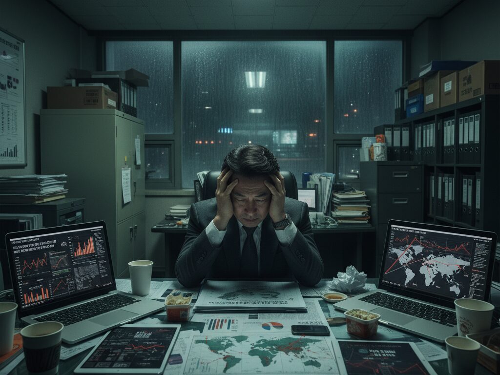 사무실에서 복잡한 국제 뉴스들을 보며 해외 비즈니스의 불확실성 때문에 스트레스받는 중소기업 대표