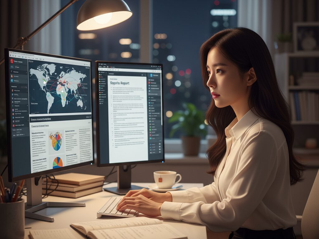 홈오피스에서 여러 뉴스 데이터를 분석하며 중소기업을 위한 지정학 리스크 리포트를 작성하는 전문 컨설턴트