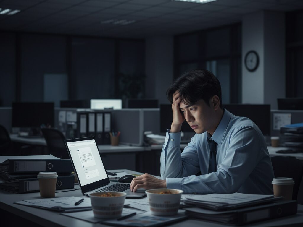 밤늦게 사무실에서 AI 도구를 어떻게 사용해야 할지 몰라 막막해하며 야근 중인 한국인 직장인의 모습.