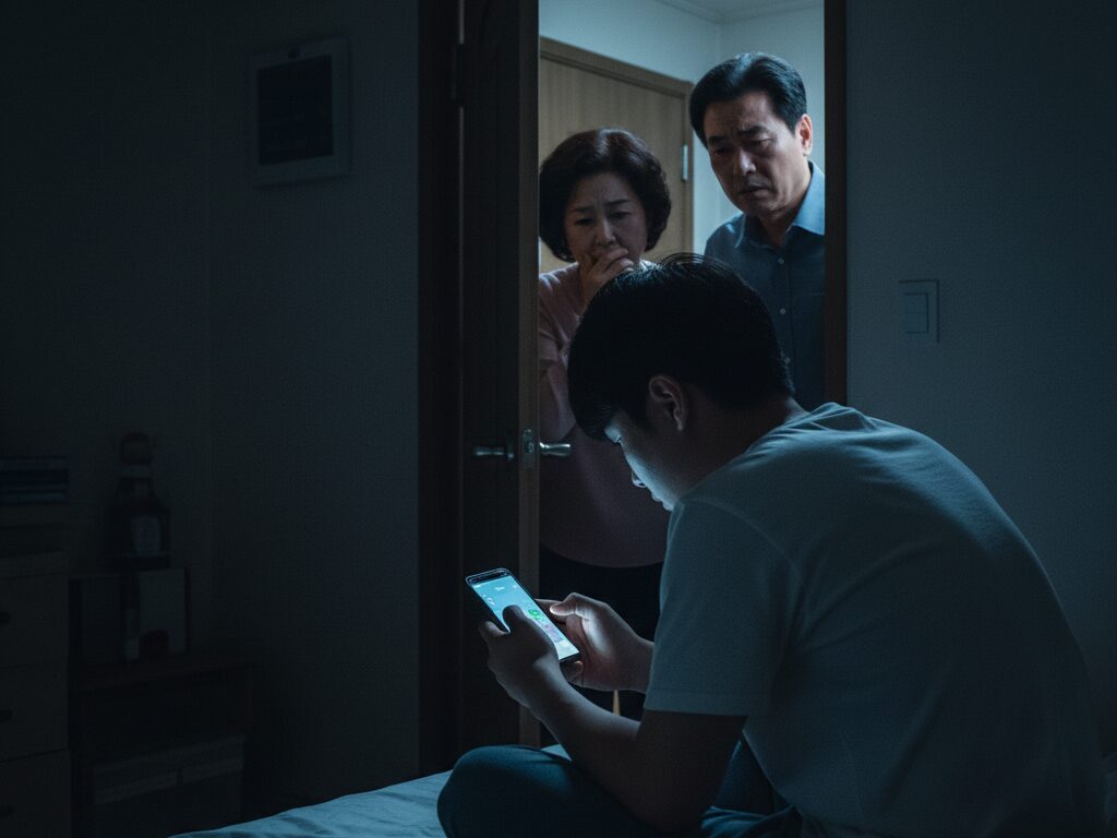 어두운 방에서 스마트폰으로 온라인 카지노에 빠진 10대 아들을 걱정스럽게 바라보는 부모의 모습.