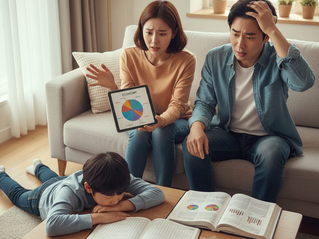 지루한 용돈 기입장 앞에서 흥미를 잃은 한국인 초등학생과, 금융 교육에 어려움을 느끼는 답답한 한국인 부모의 모습.