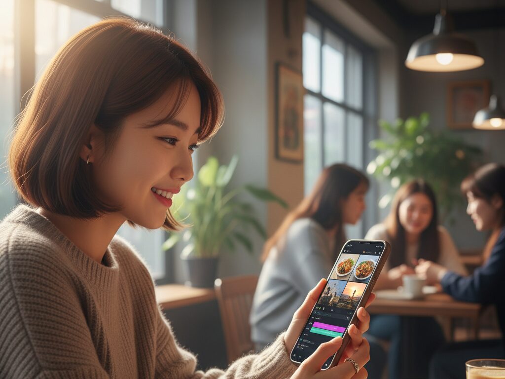 한국인 유튜버가 카페에서 스마트폰 편집 앱(CapCut)으로 Z세대를 위한 초절약 여행 유튜브 쇼츠 영상을 만드는 모습.