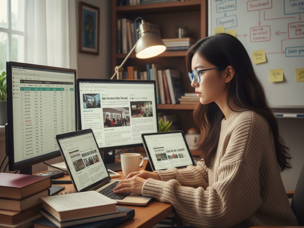 뉴스 데이터를 분석하며 해외 취업 사기 예방에 대한 전문적인 블로그 글을 작성하는 여성