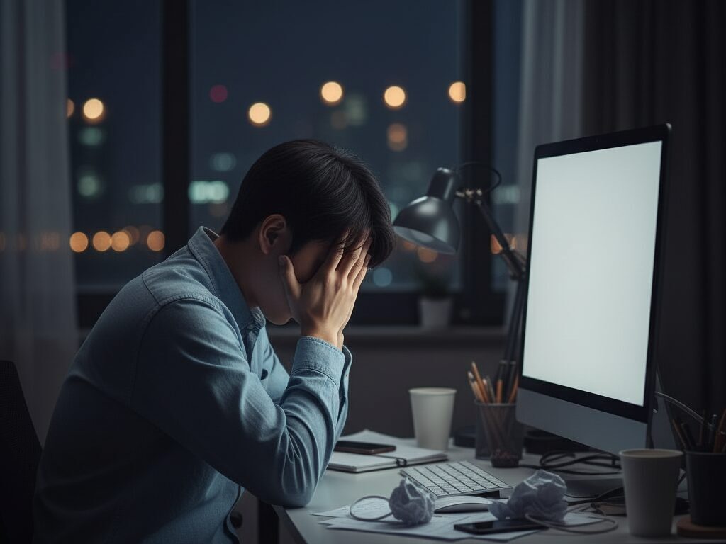 늦은 밤 작업실에서 다음 콘텐츠 아이디어가 떠오르지 않아 스트레스를 받는 1인 크리에이터