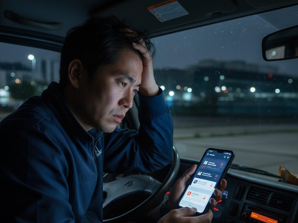 밤늦게 배송 트럭 안에서 스마트폰으로 복잡한 정책 변경 사항을 확인하며, 정보 부족으로 인해 지치고 답답해하는 한국인 퀵플렉서 기사의 모습.