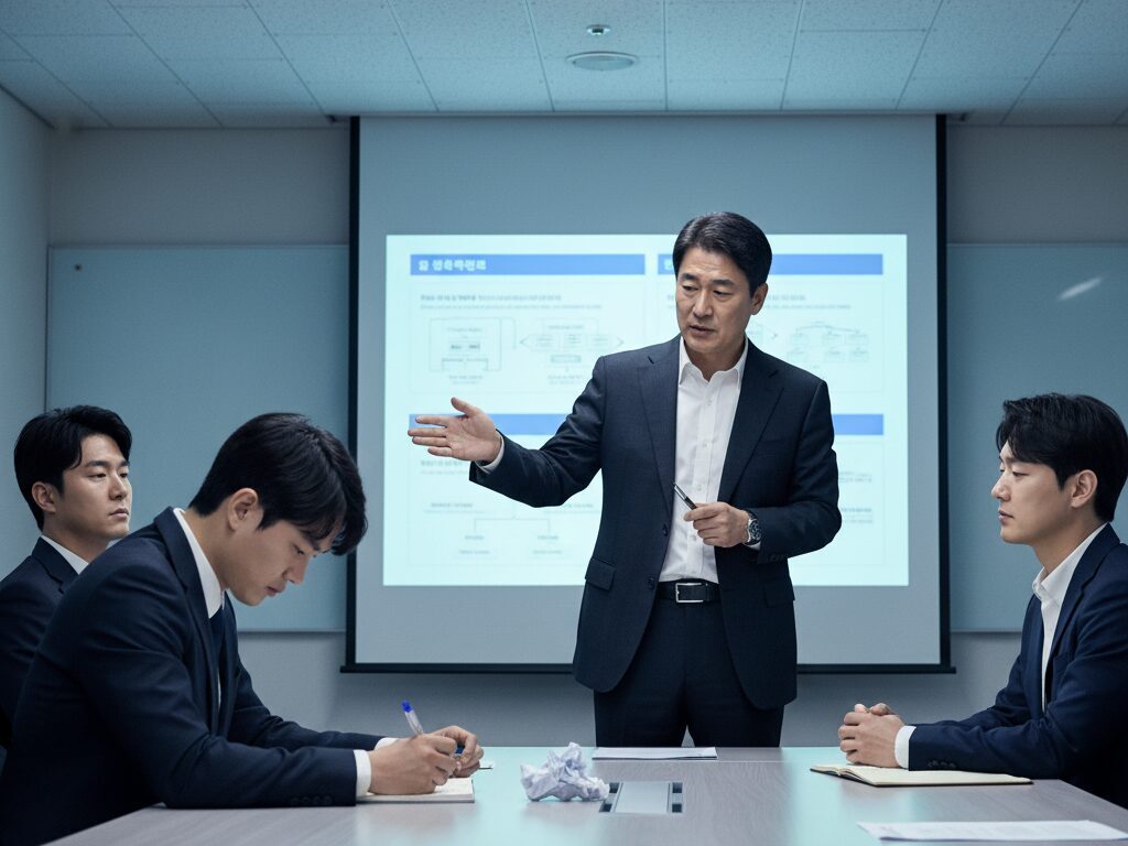 권위적인 회의 분위기 속에서 의견을 내지 못하고 답답해하는 젊은 한국인 직장인.