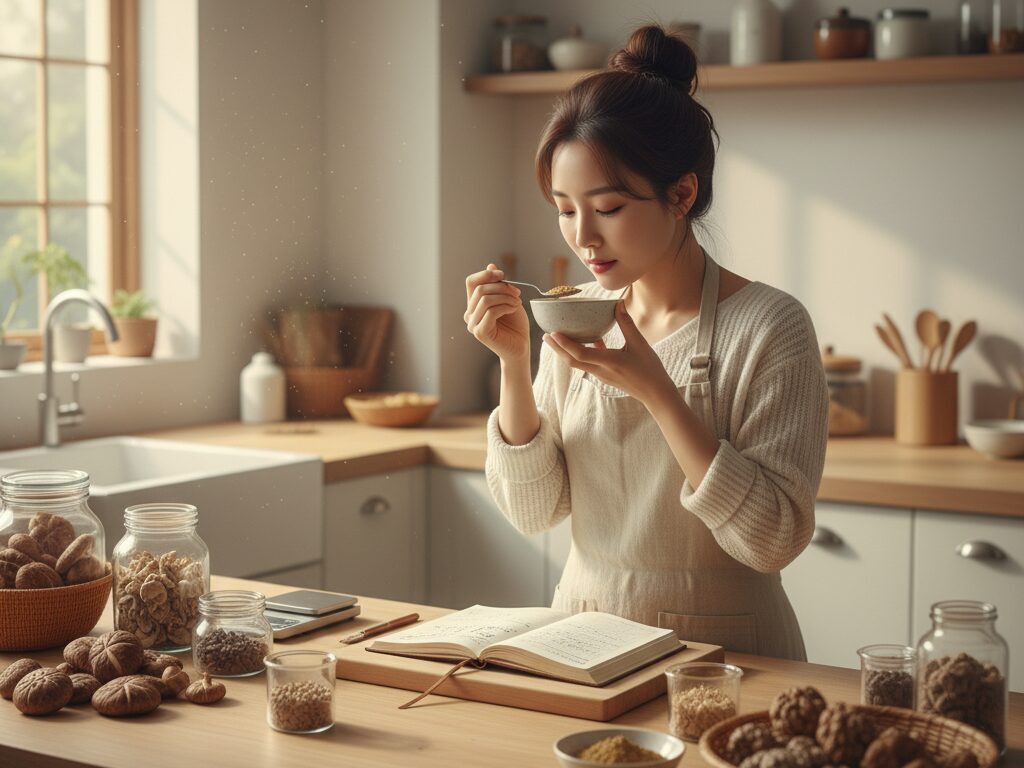 한국인 N잡 전문가가 자신의 깨끗한 작업실에서 표고, 능이 등 다양한 국산 버섯의 향과 맛을 세심하게 테스트하며 최적의 블렌딩 비율을 연구하는 모습.