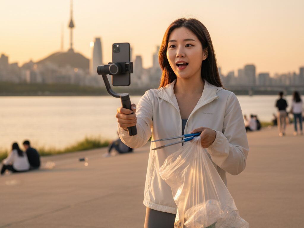 해질녘 한강공원에서 한 젊은 여성이 스마트폰으로 플로깅 활동을 촬영하며 긍정적인 영향력을 만들어가는 모습.